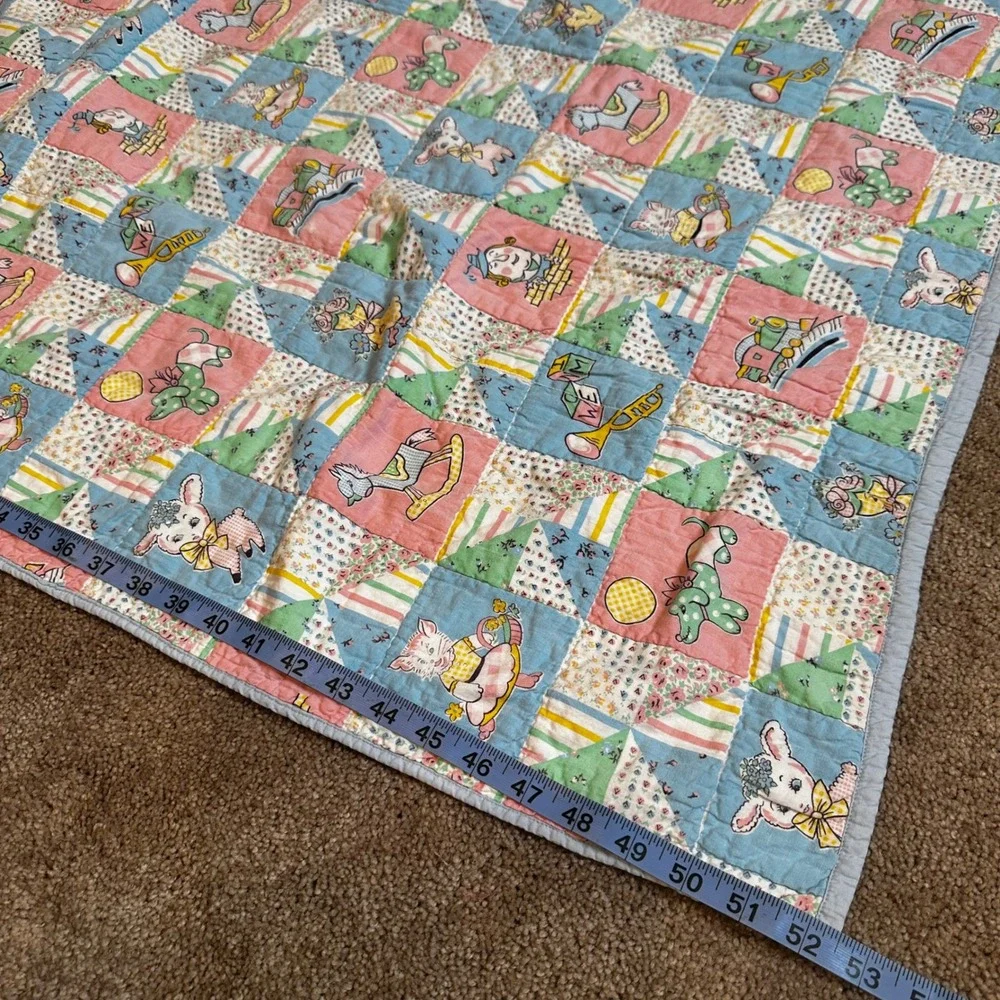 Vintage Baby Quilt Blanket Humpty Lamb Dog Train Doll 52 in x 41 in Cotton 100%